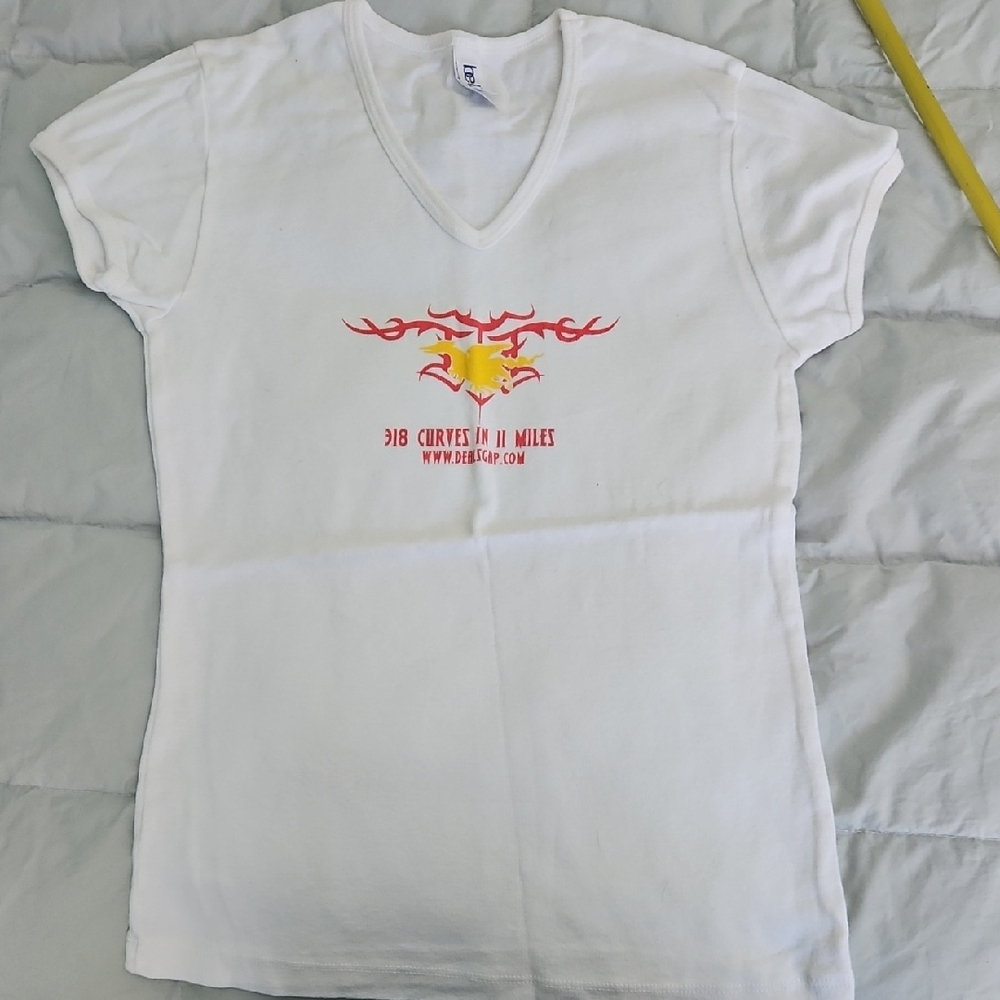 Womans White DEALS GAP  V-Neck T-Shirt with Red and Yellow Graphic